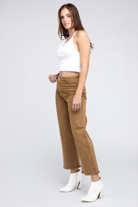 Acid Wash Frayed Cutoff Hem Straight Wide Pants Zenana