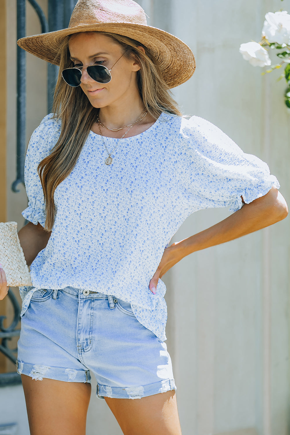 Pink Boho Floral Print Smocked Puff Sleeve Blouse