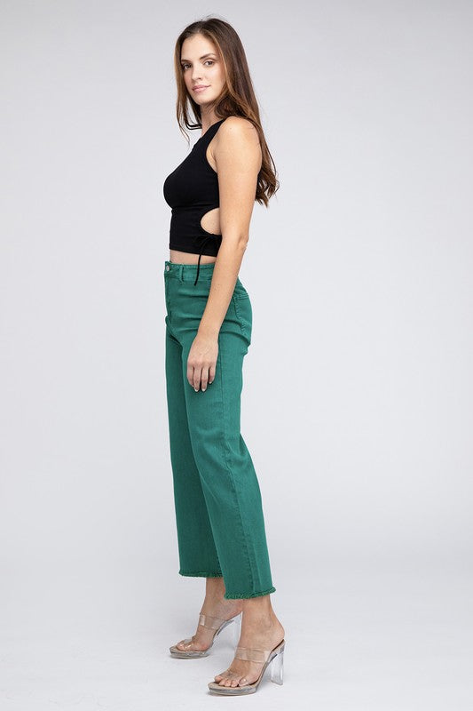 Acid Wash Frayed Cutoff Hem Straight Wide Pants Zenana