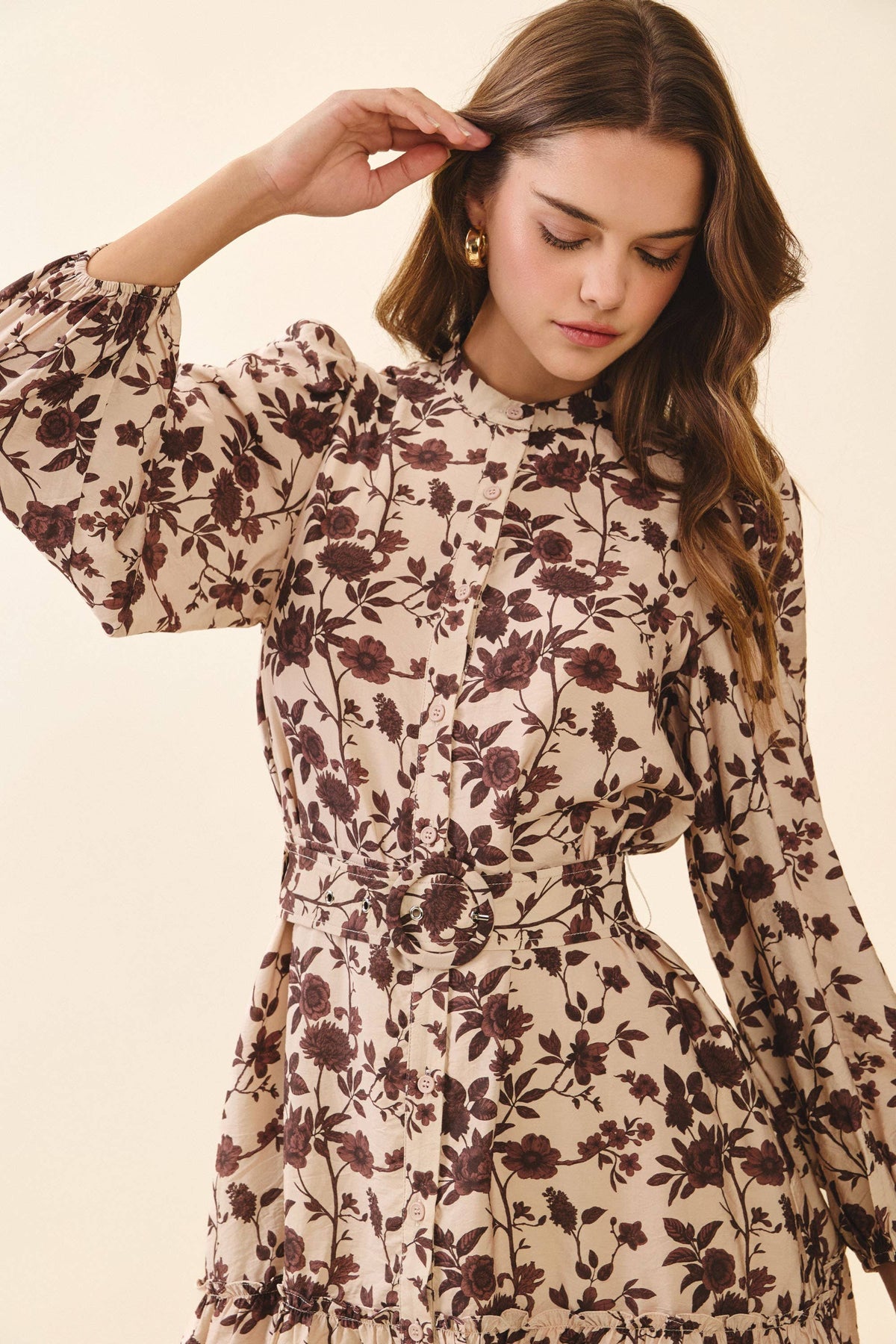 CD06392-Floral Print High Neck Removable Buckle Belt Dress