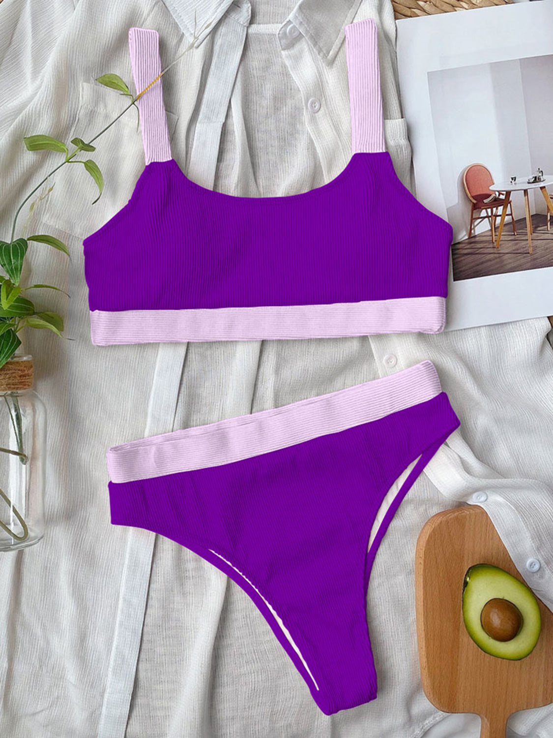 Contrast Scoop Neck Wide Strap Two-Piece Swim Set