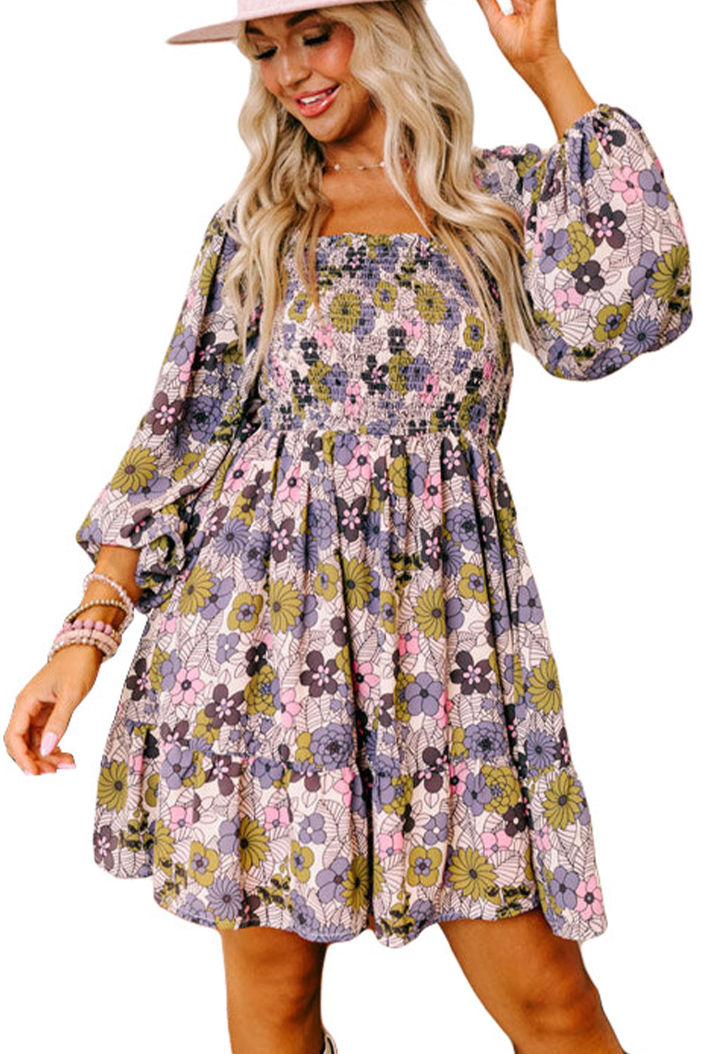 Multicolour Floral Smocked Bust Square Neck Ruffled Dress