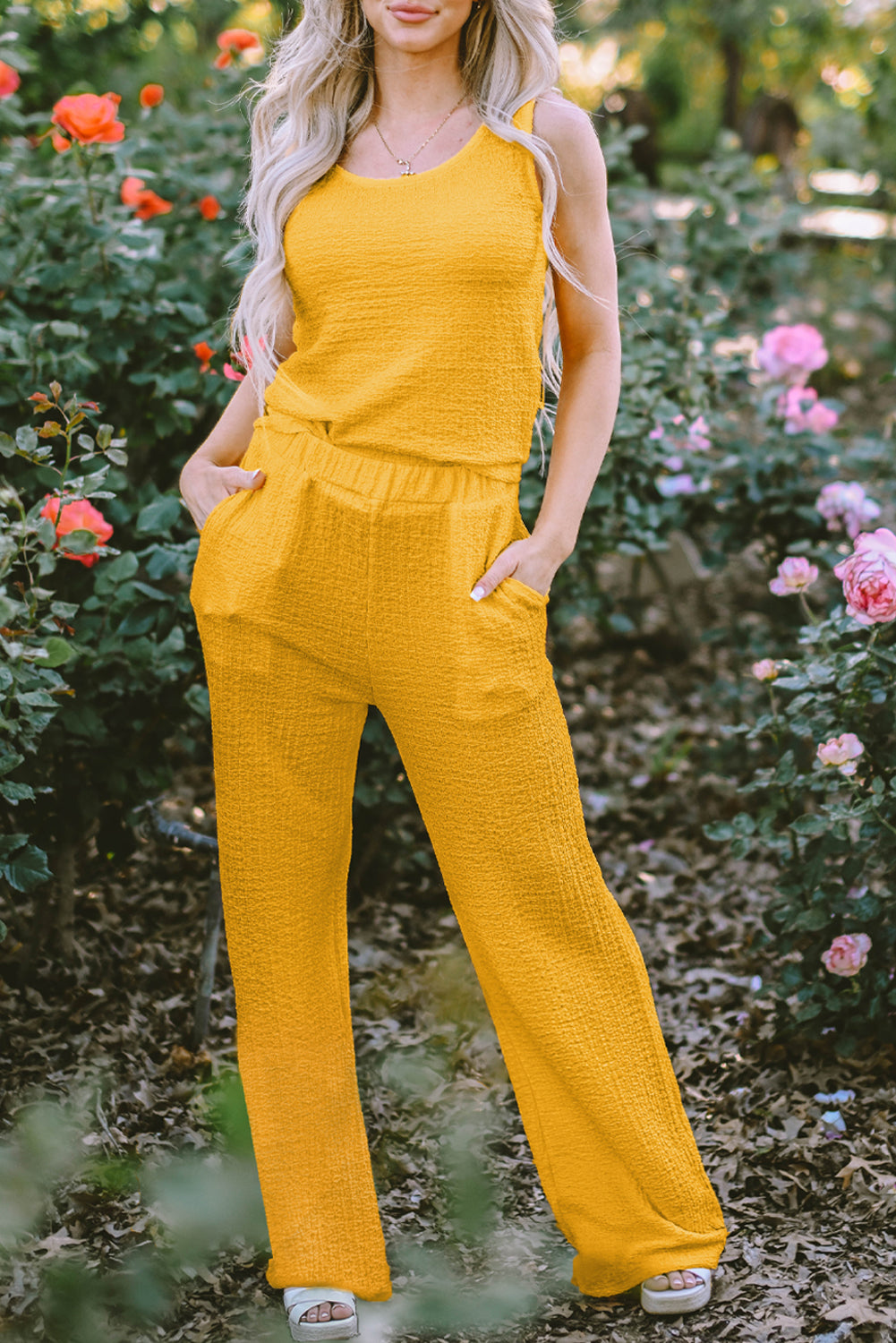 Black Crinkled U Neck Tank Top and Wide Leg Pants Set