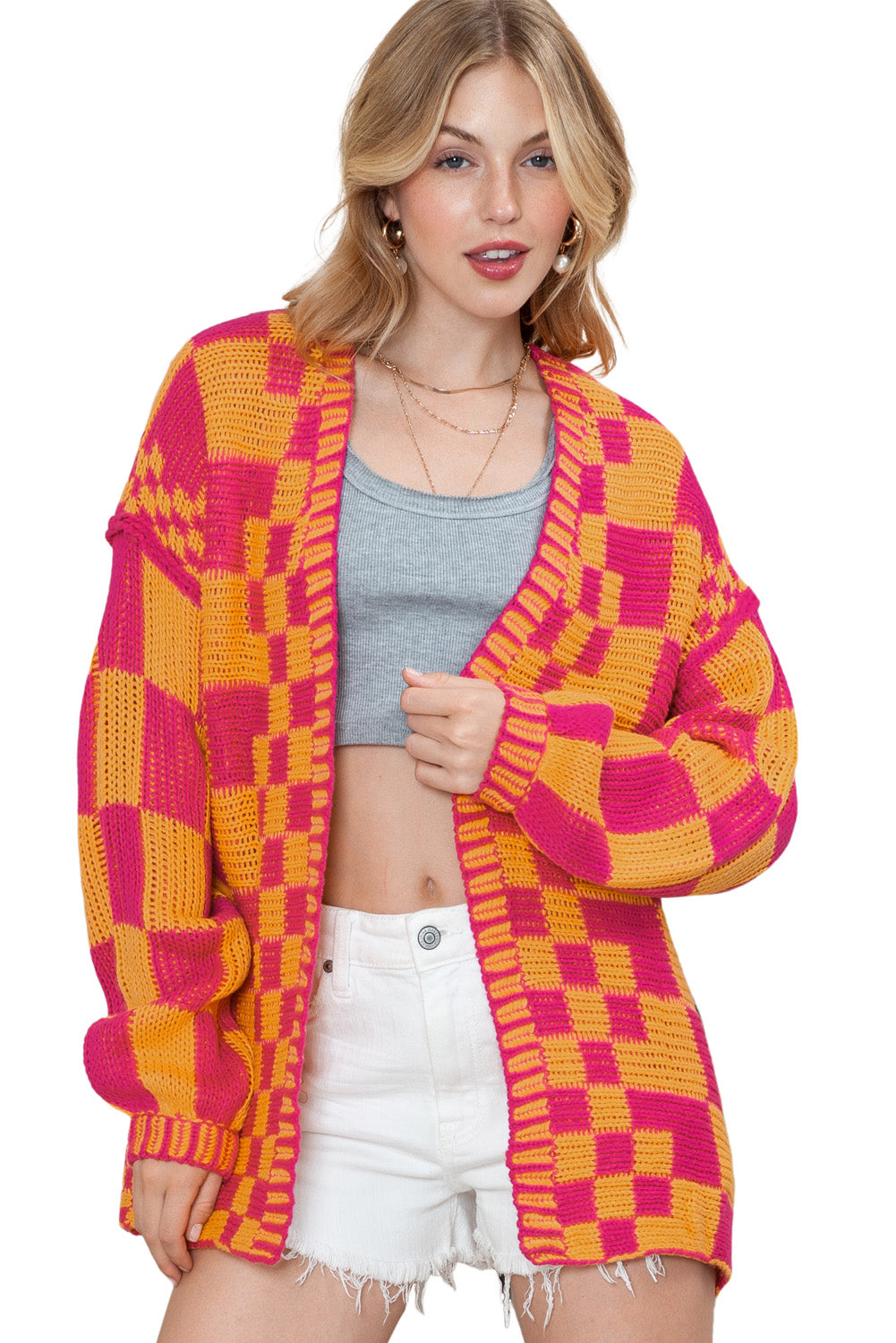 Orchid Petal Colorblock Checked Open Front Knitted Cardigan