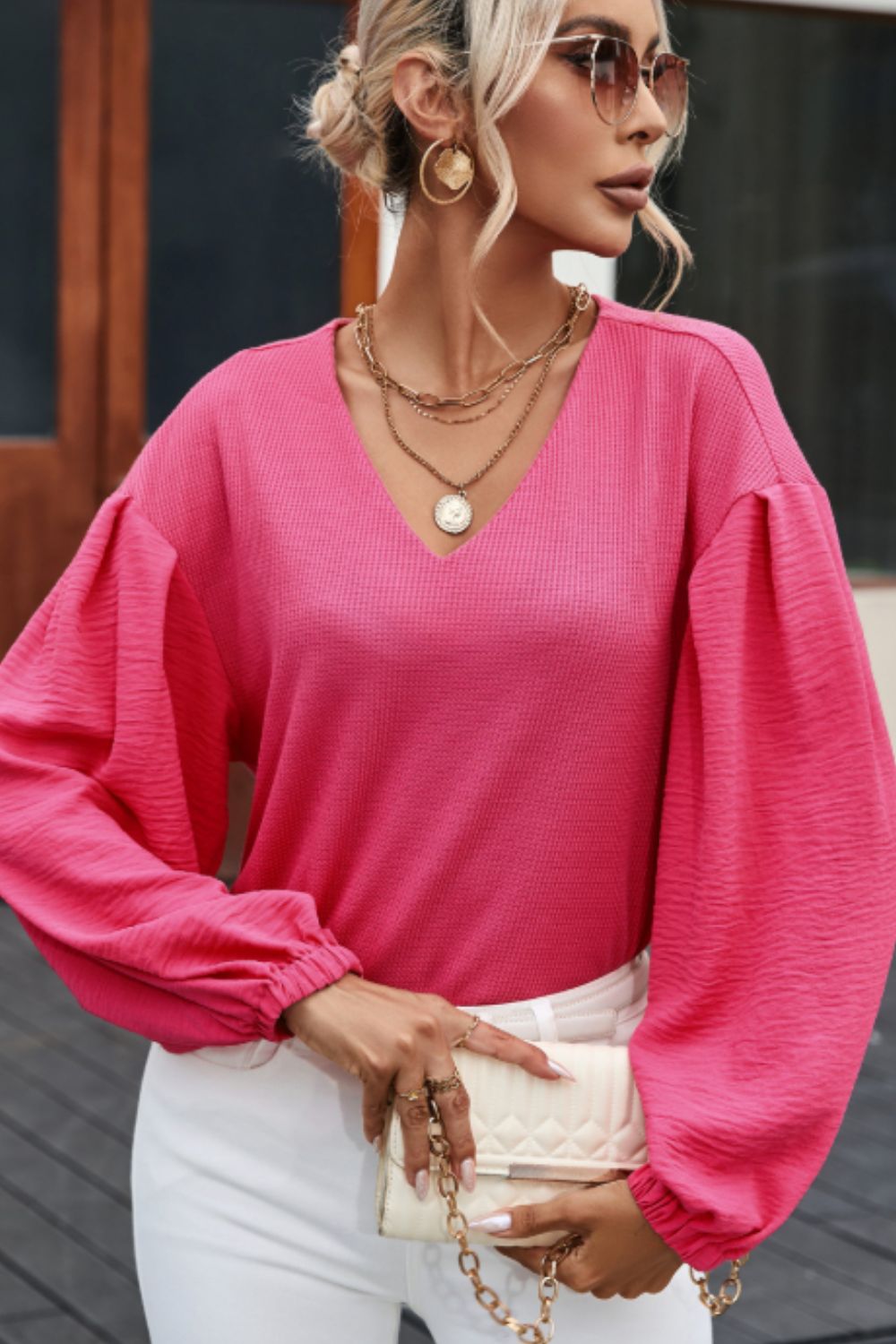 Waffle-Knit V-Neck Long Sleeve Blouse