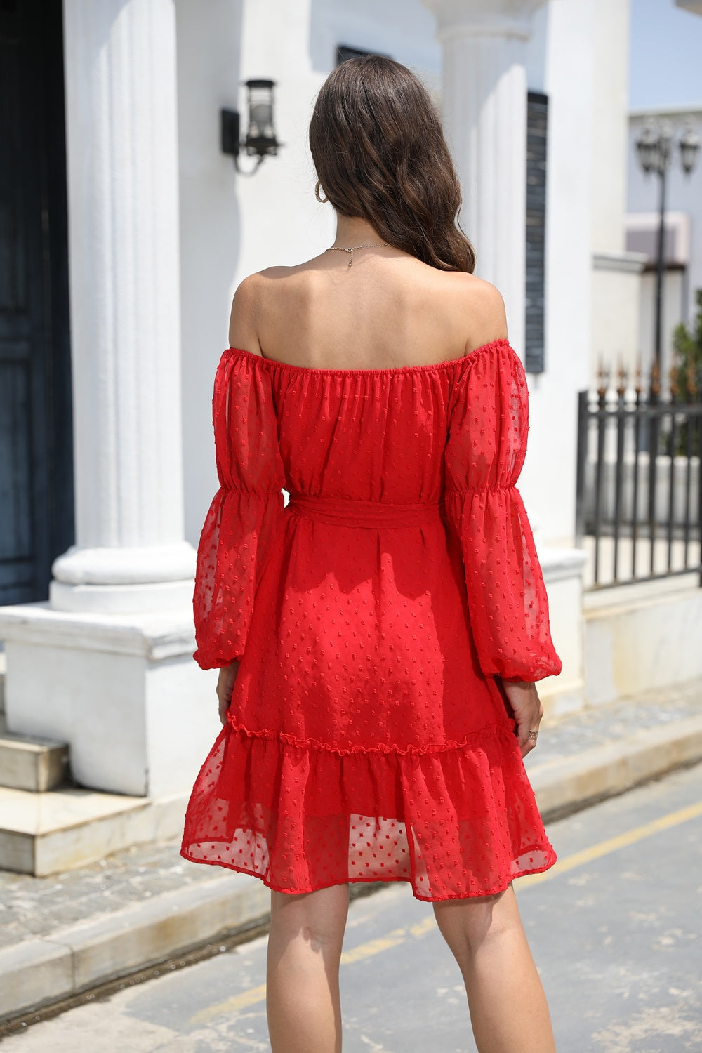 Swiss Dot Off-Shoulder Balloon Sleeve Dress