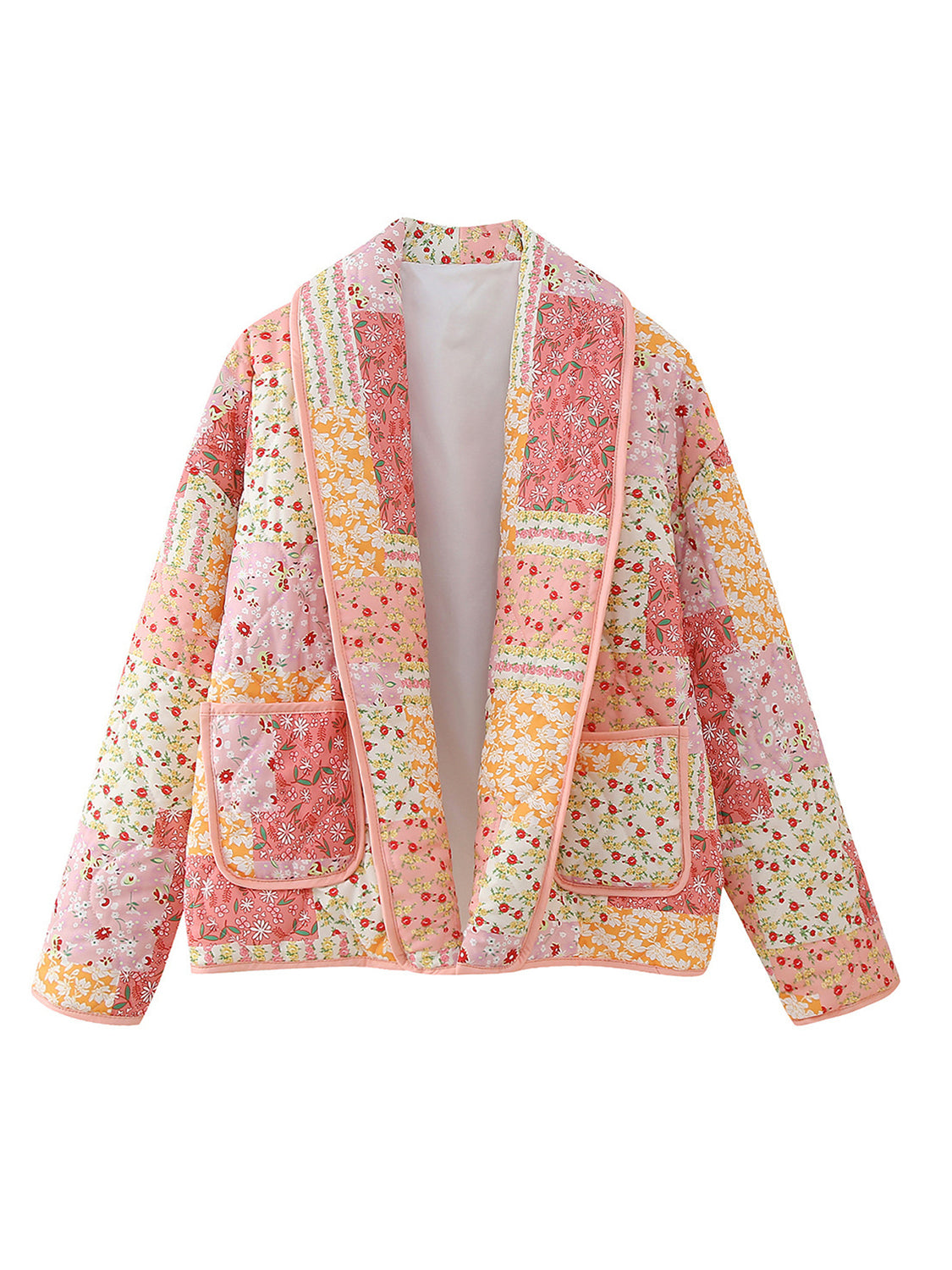 Printed Patchwork Open Front Cardigan with Pockets