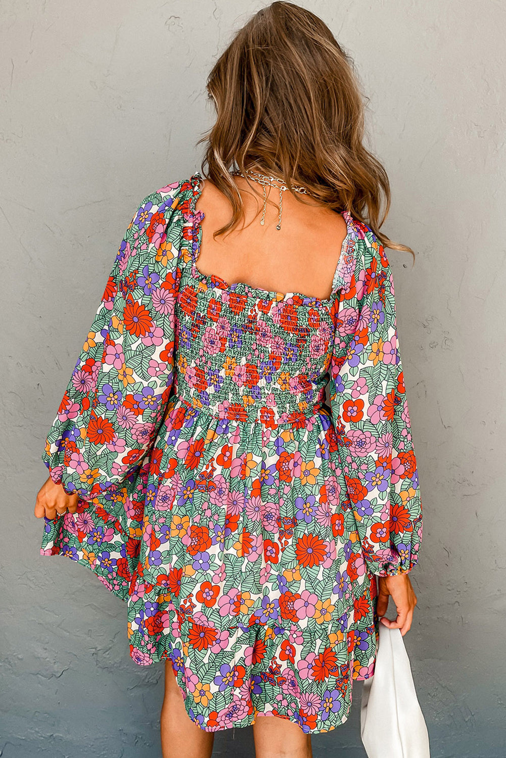 Multicolour Floral Smocked Bust Square Neck Ruffled Dress