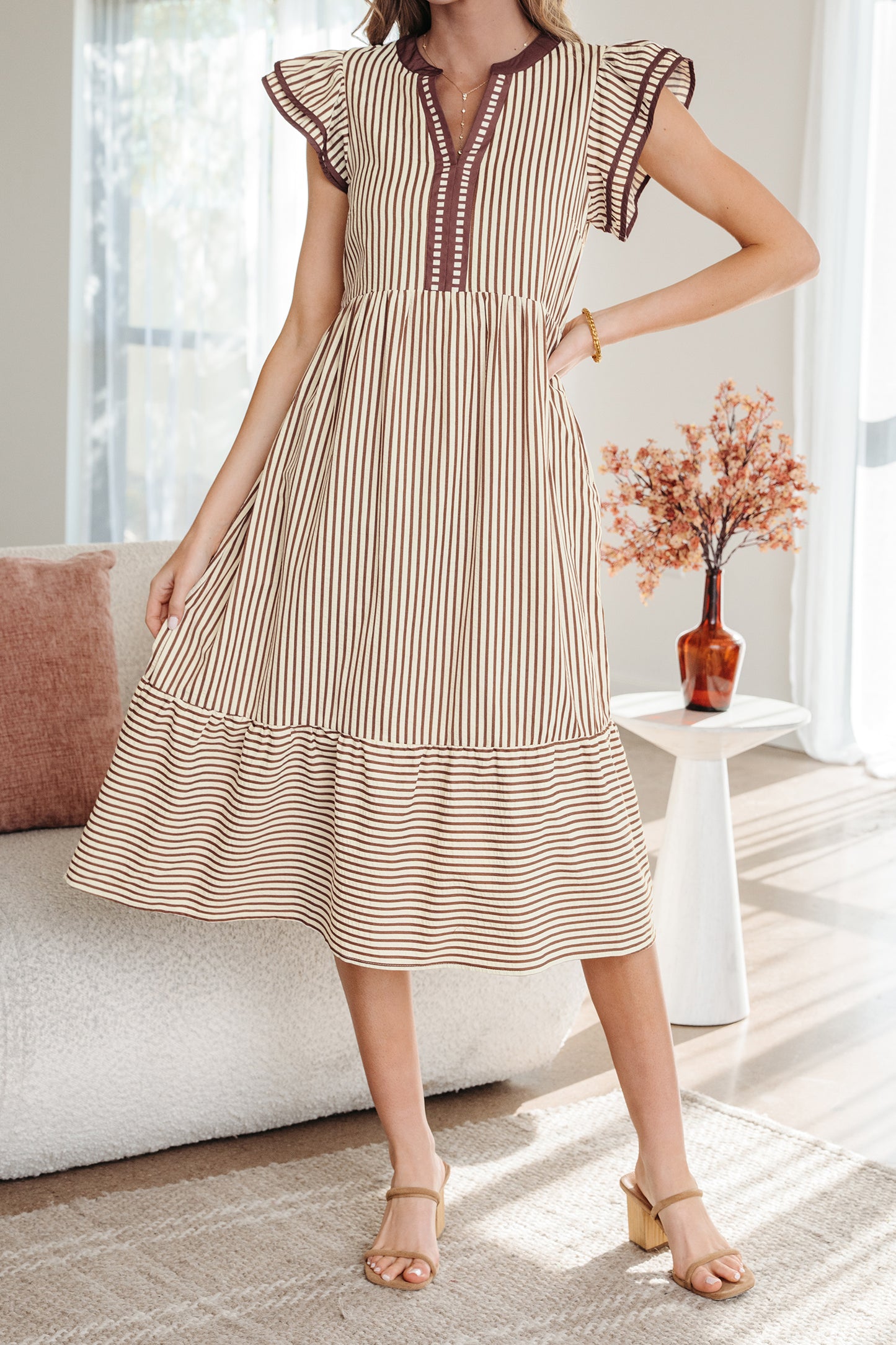 Green Stripe Double Ruffled Short Sleeve Contrast Trim V Neck Midi Dress