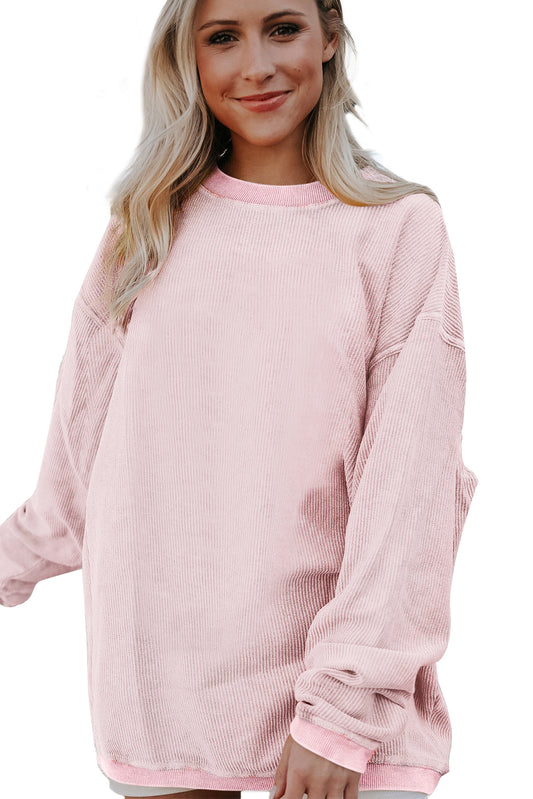 Light Pink Plain Drop Sleeve Crinkle Rib Oversized Sweatshirt
