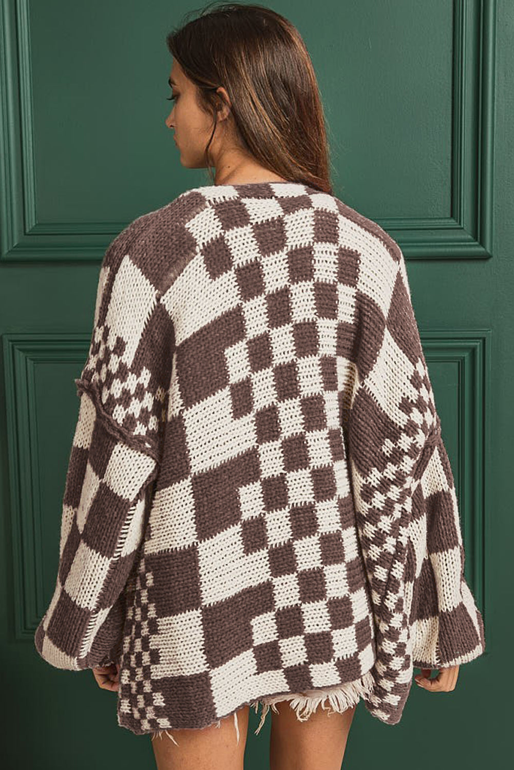 Orchid Petal Colorblock Checked Open Front Knitted Cardigan
