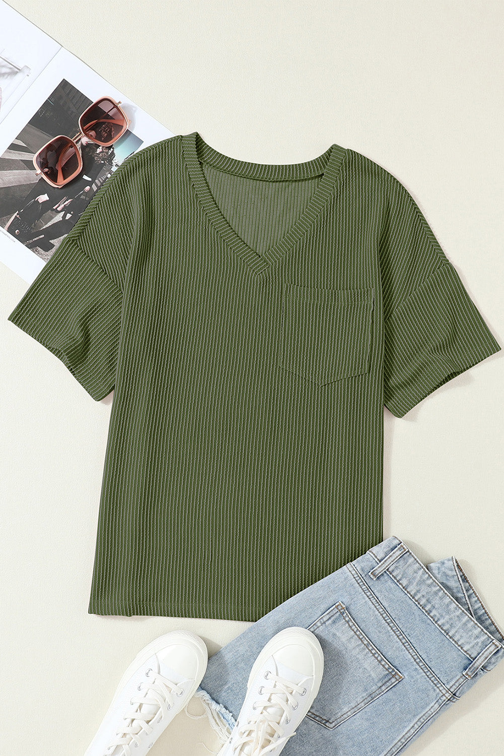 Light Grey Corded V Neck Chest Pocket Loose T-shirt