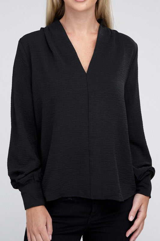 Woven Airflow V-Neck Long Sleeve Top