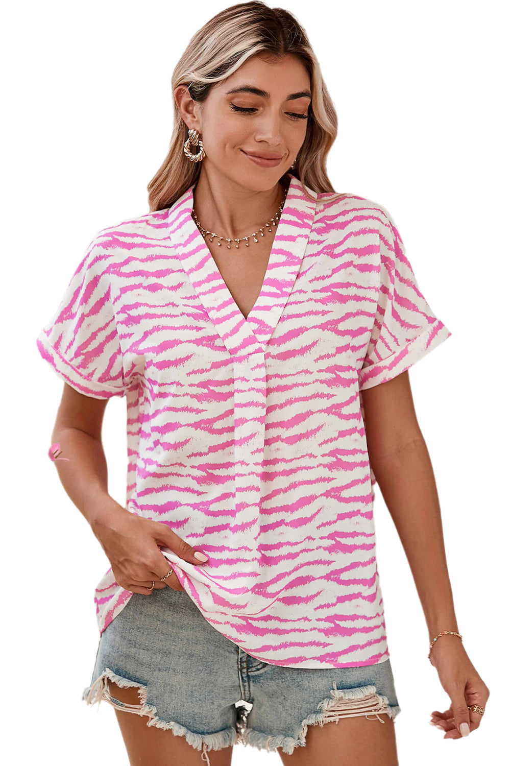 Rose Zebra Striped V-Neck Rolled-up Sleeve Blouse