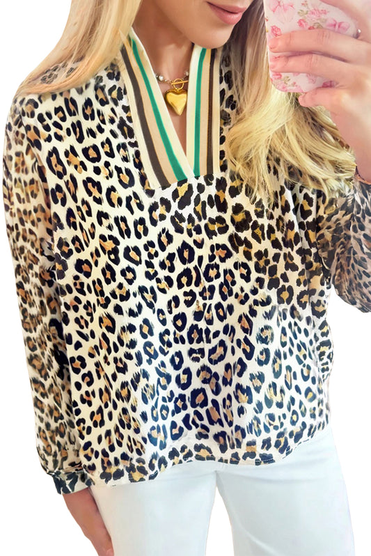 Khaki Leopard Print Long Sleeve Striped V Neck Top