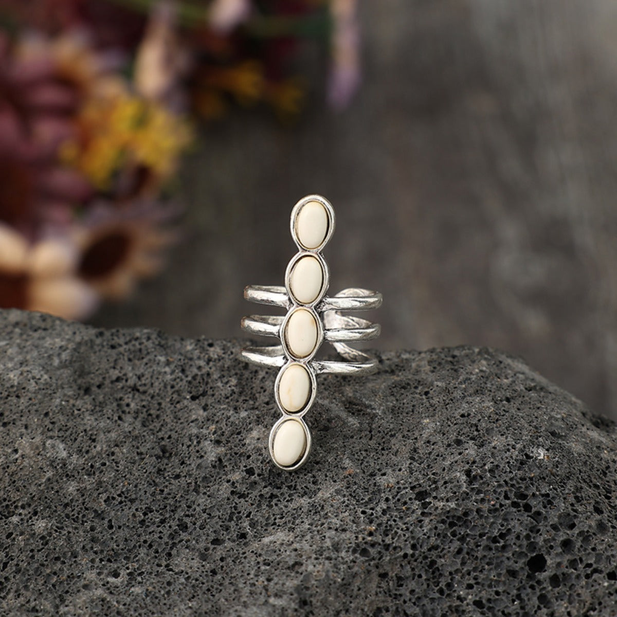 Alloy Inlaid Natural Stone Three-Layered Ring