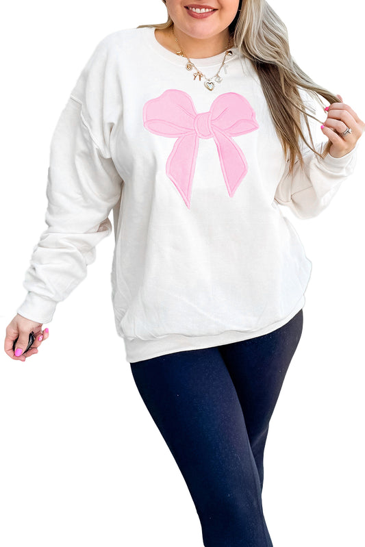 Beige Big Bow Pattern Plus Size Drop Shoulder Sweatshirt