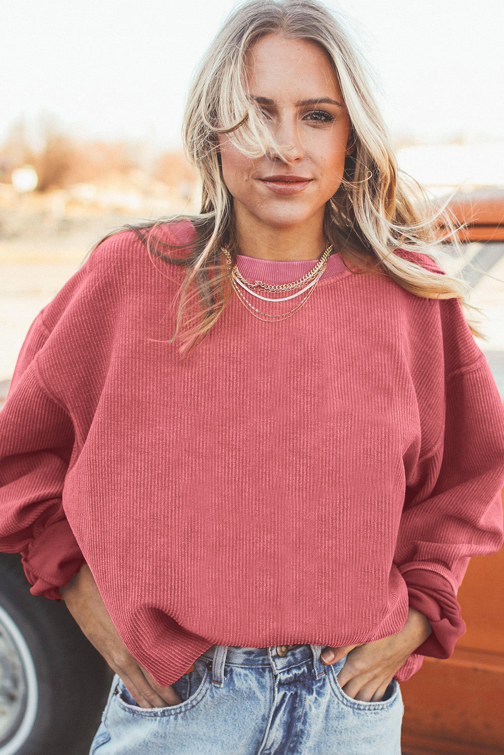 Light Grey Ribbed Corded Oversized Sweatshirt