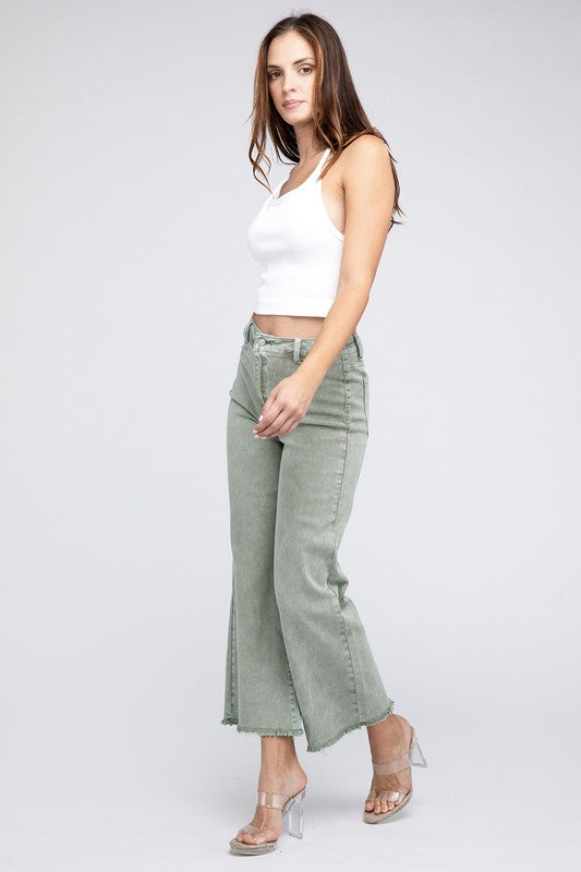 Acid Wash Frayed Cutoff Hem Straight Wide Pants Zenana