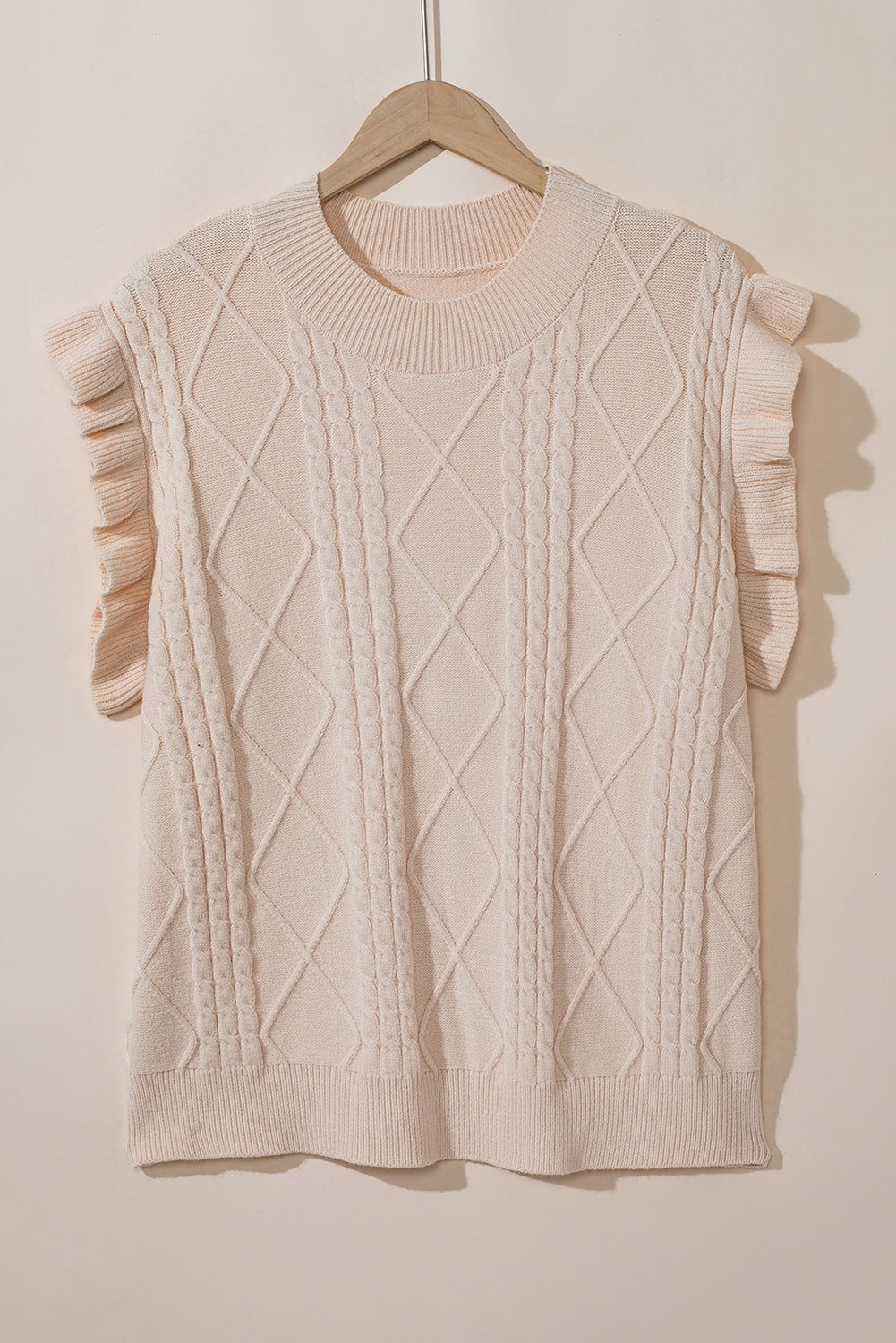 Oatmeal Plus Cable Knit Short Ruffled Sleeve Mock Neck Sweater