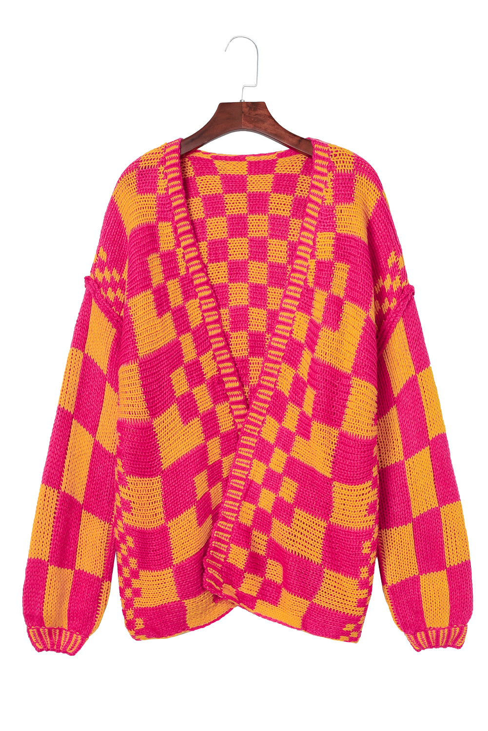 Orchid Petal Colorblock Checked Open Front Knitted Cardigan