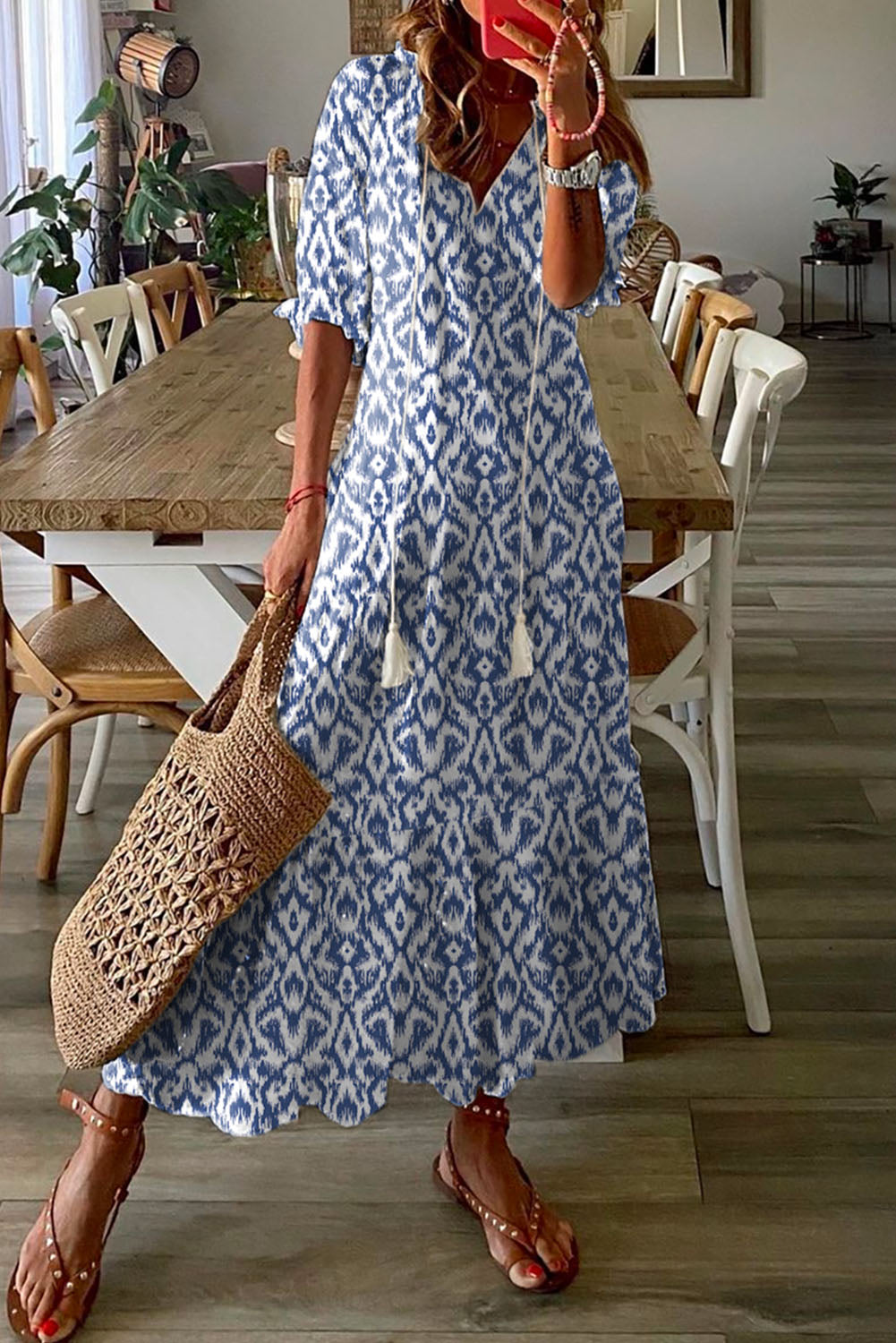 Sky Blue Geometric Print Casual V Neck Maxi Dress