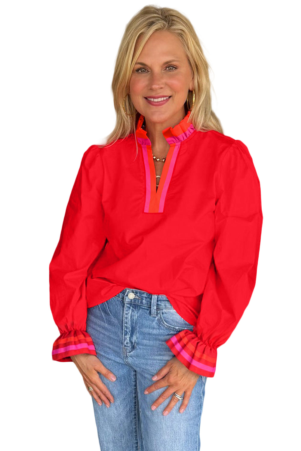 Black Striped Trim Ruffle Split Neck Long Sleeve Blouse