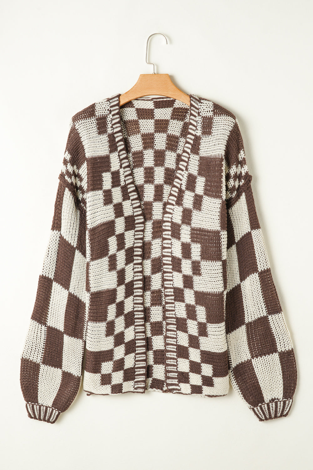 Orchid Petal Colorblock Checked Open Front Knitted Cardigan