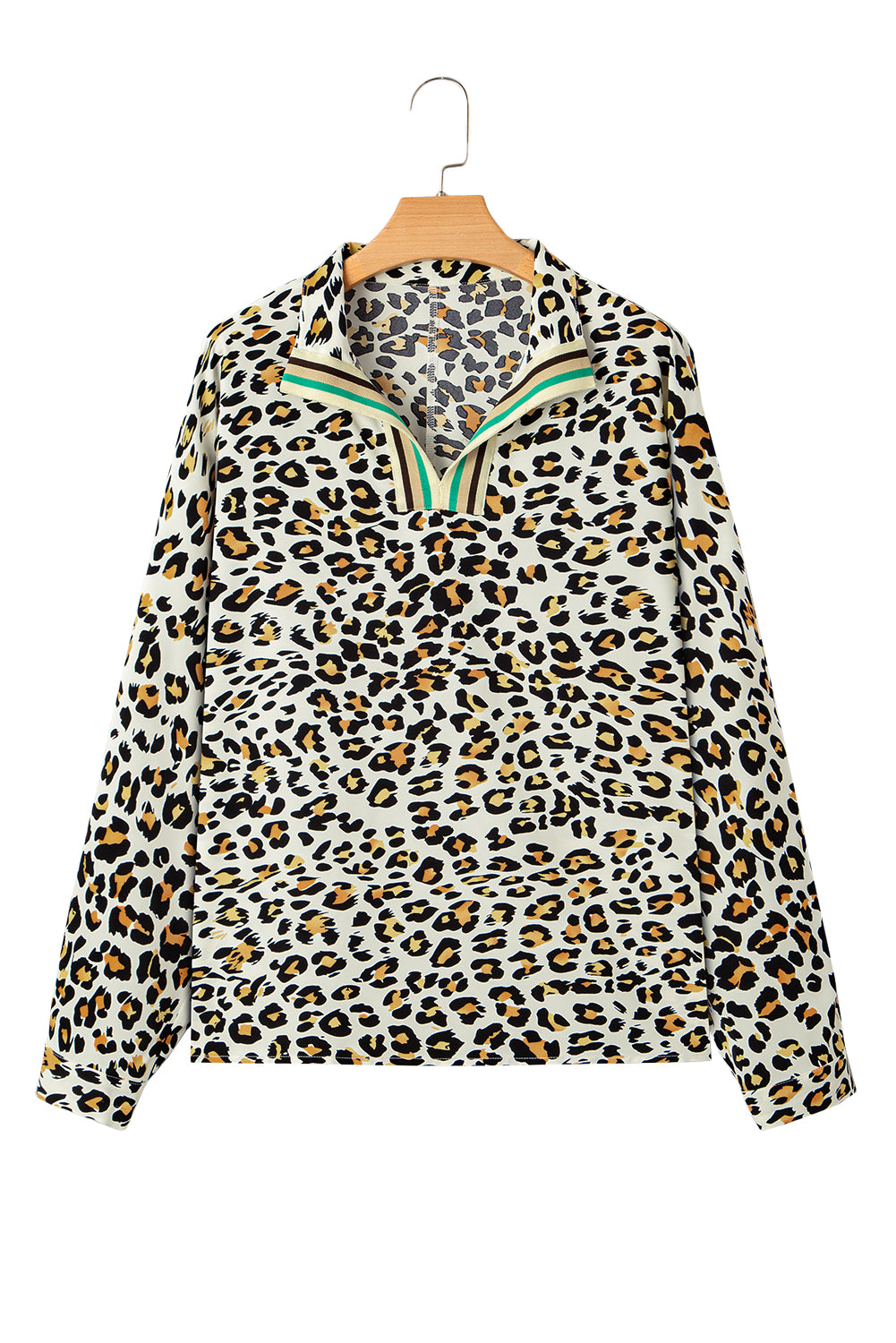 Khaki Leopard Print Long Sleeve Striped V Neck Top