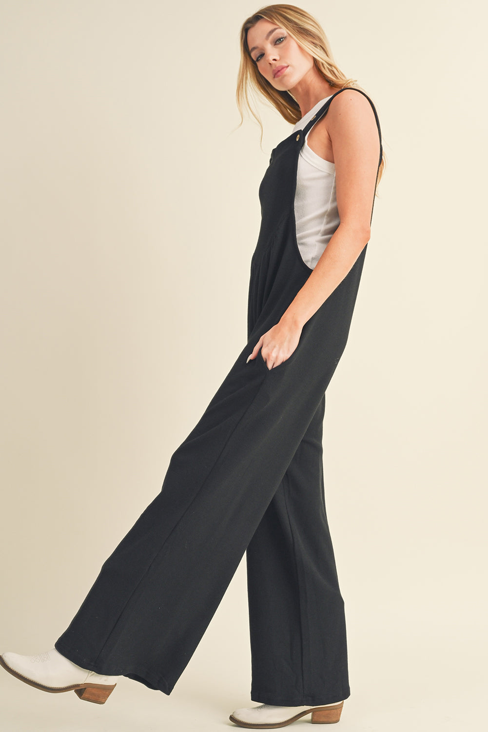 Black Textured Adjustable Straps Ruched Wide Leg Jumpsuit