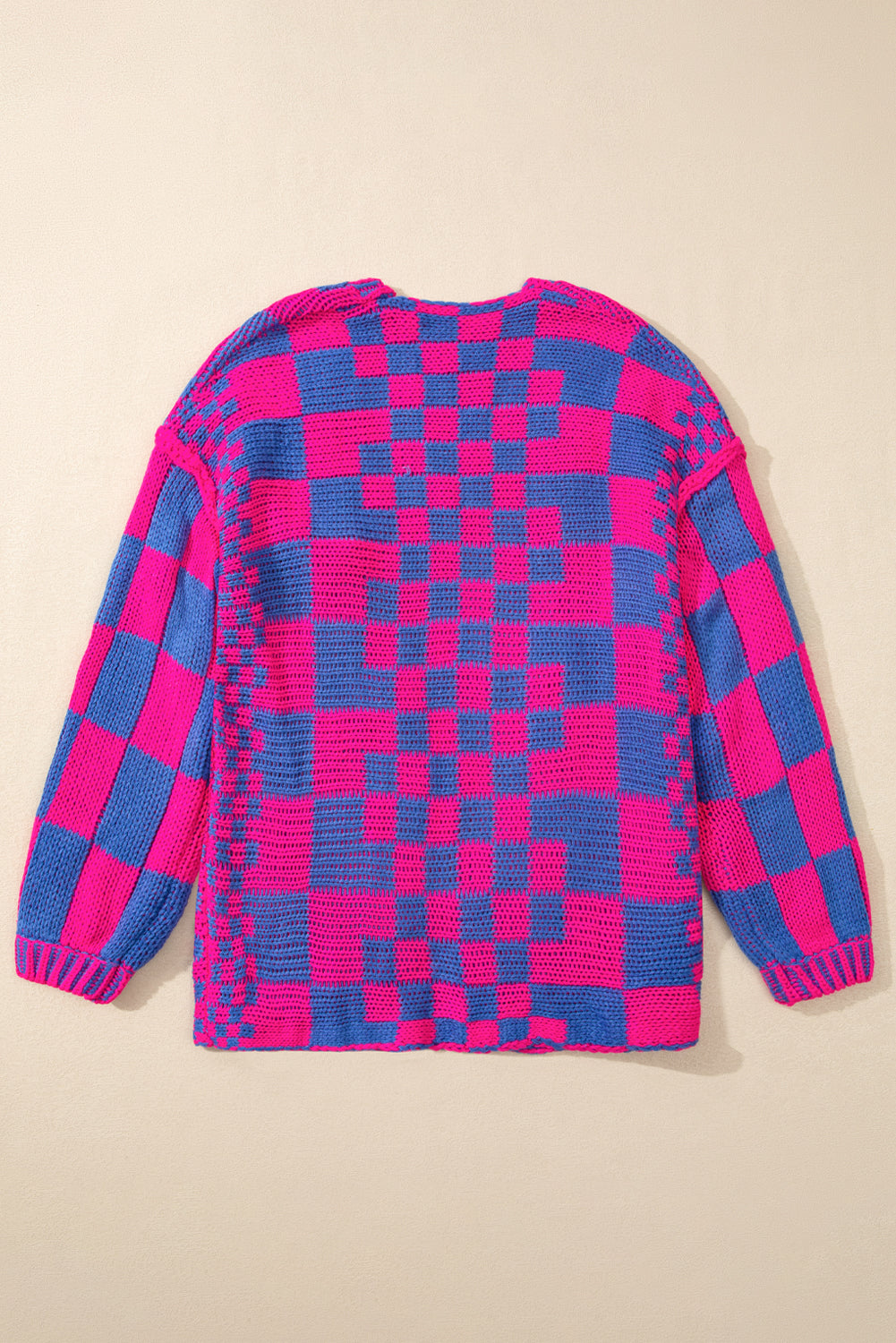 Orchid Petal Colorblock Checked Open Front Knitted Cardigan