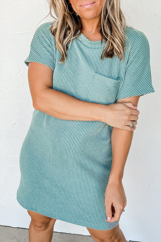 Blue Ribbed Chest Pocket Casual T Shirt Dress