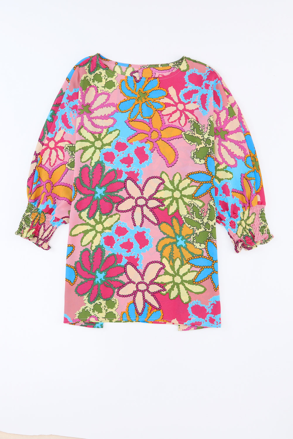 Multicolor Vibrant Floral Print Trimmed Ruffle Sleeve Blouse