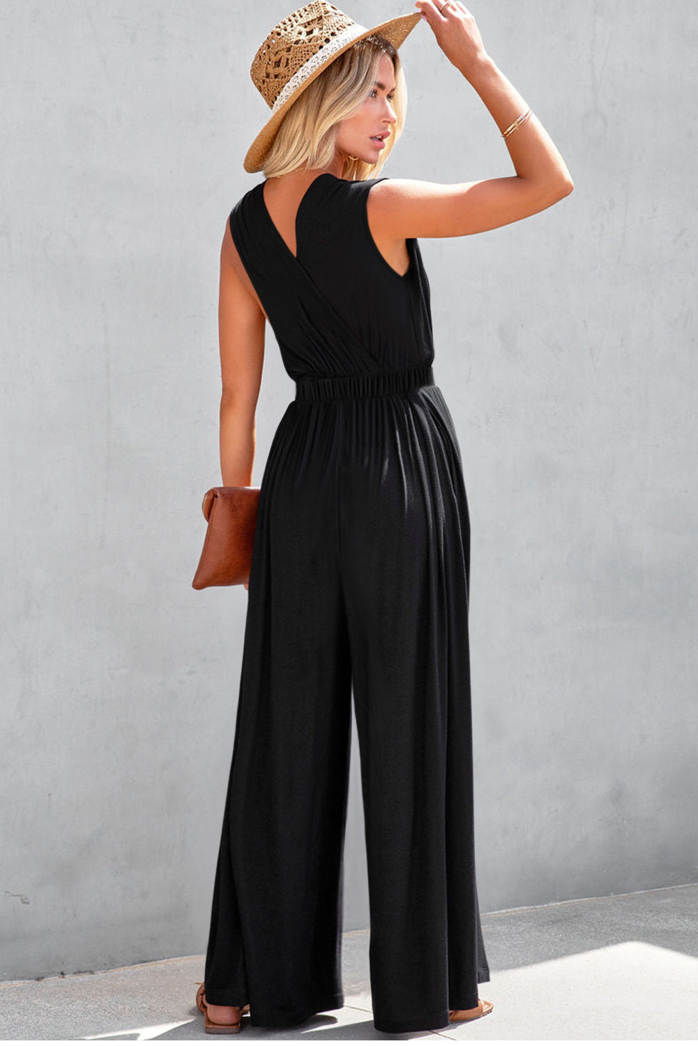 Black Deep V Pocketed Pleated Wide Leg Jumpsuit