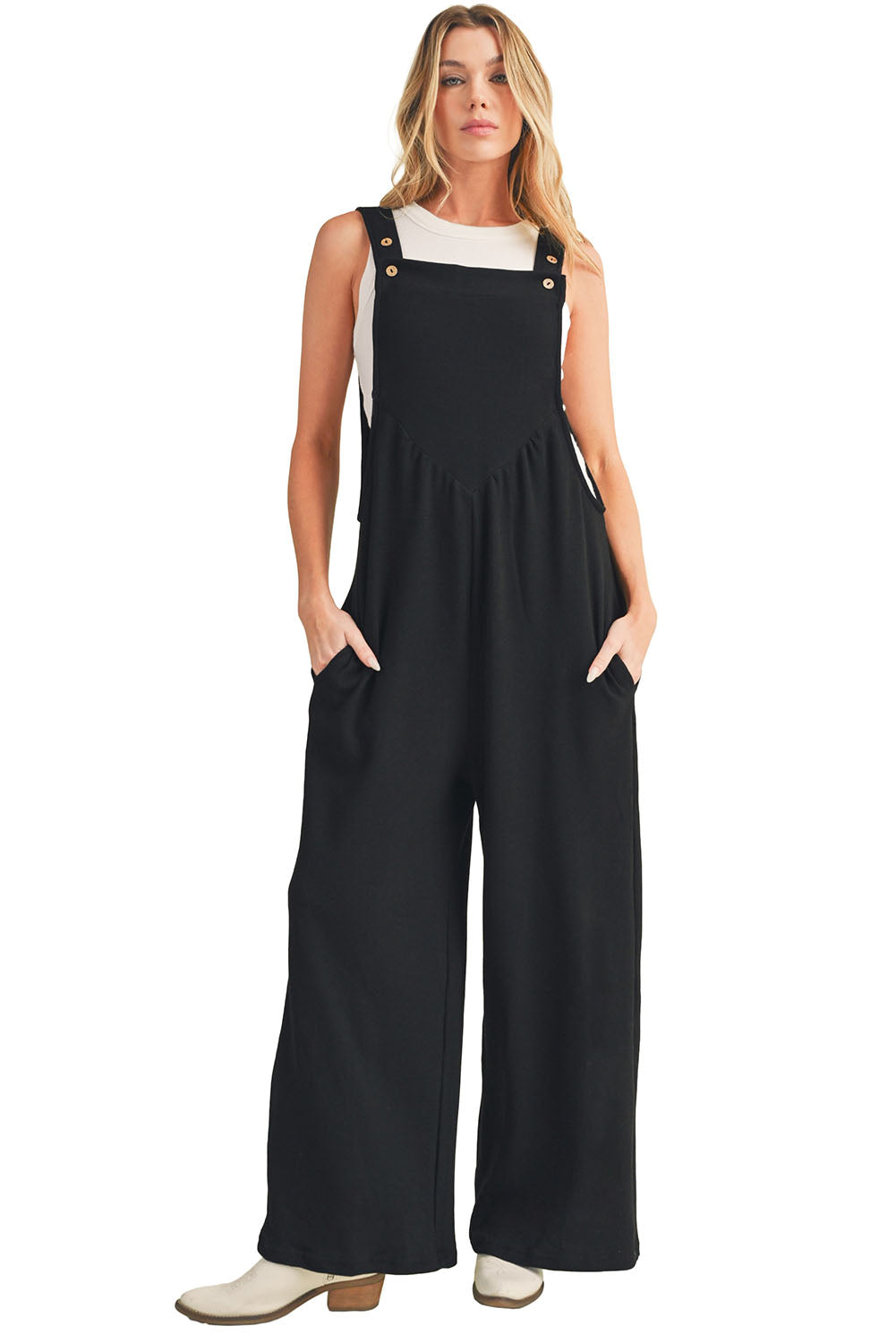 Black Textured Adjustable Straps Ruched Wide Leg Jumpsuit