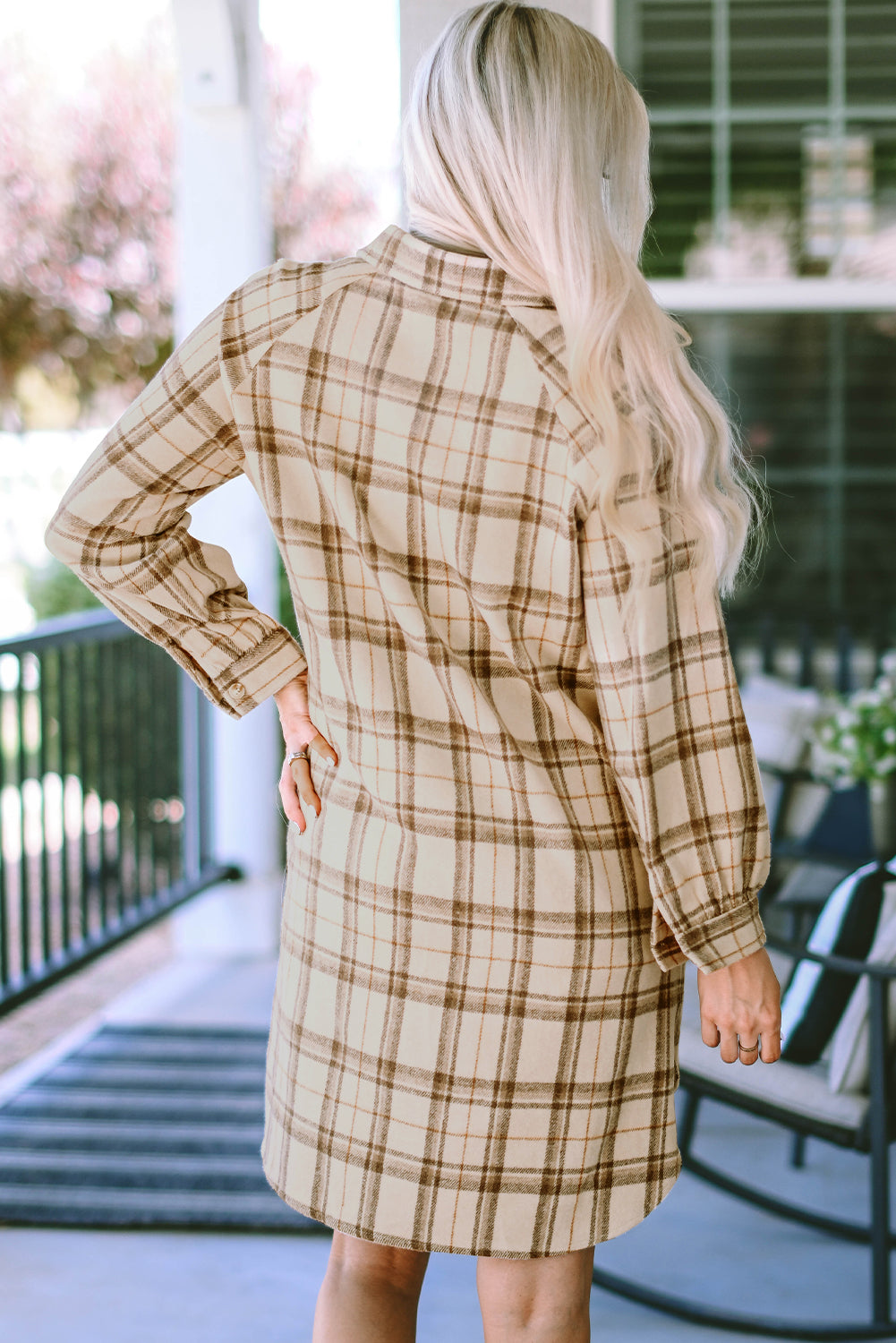 Khaki Plaid Pattern Collared Neck Ruffled Sleeve Shirt Dress