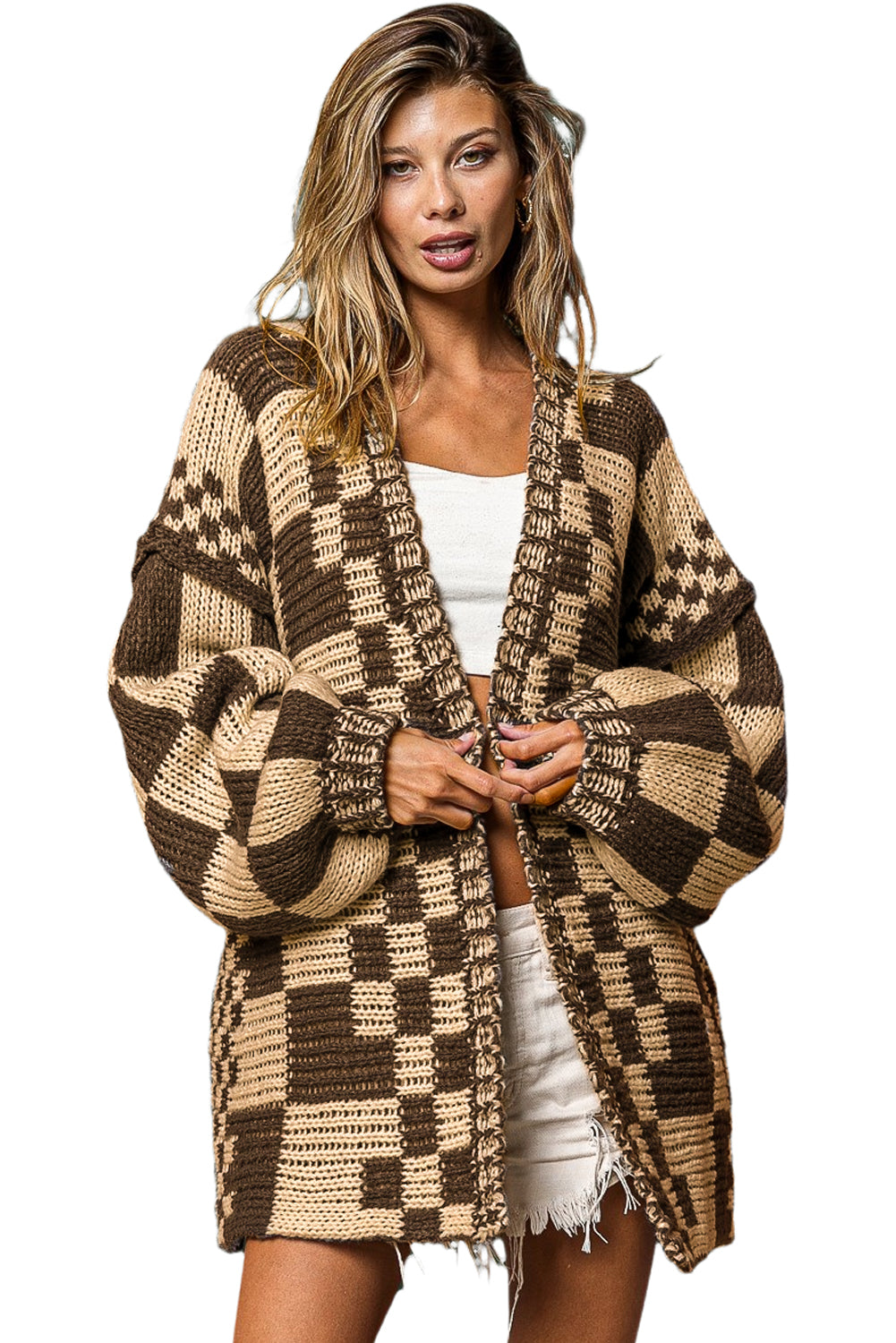 Orchid Petal Colorblock Checked Open Front Knitted Cardigan