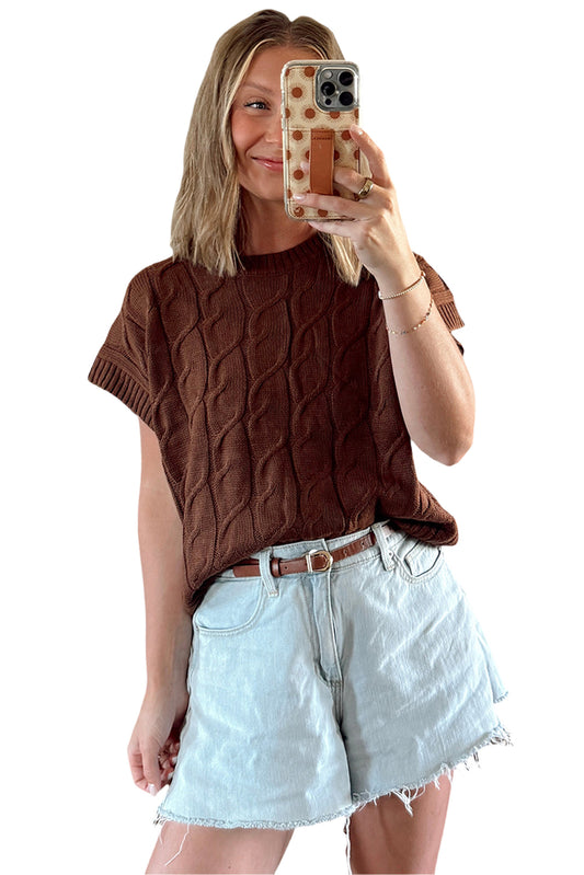Dark Brown Cable Texture Crew Neck Short Sleeve Sweater Top