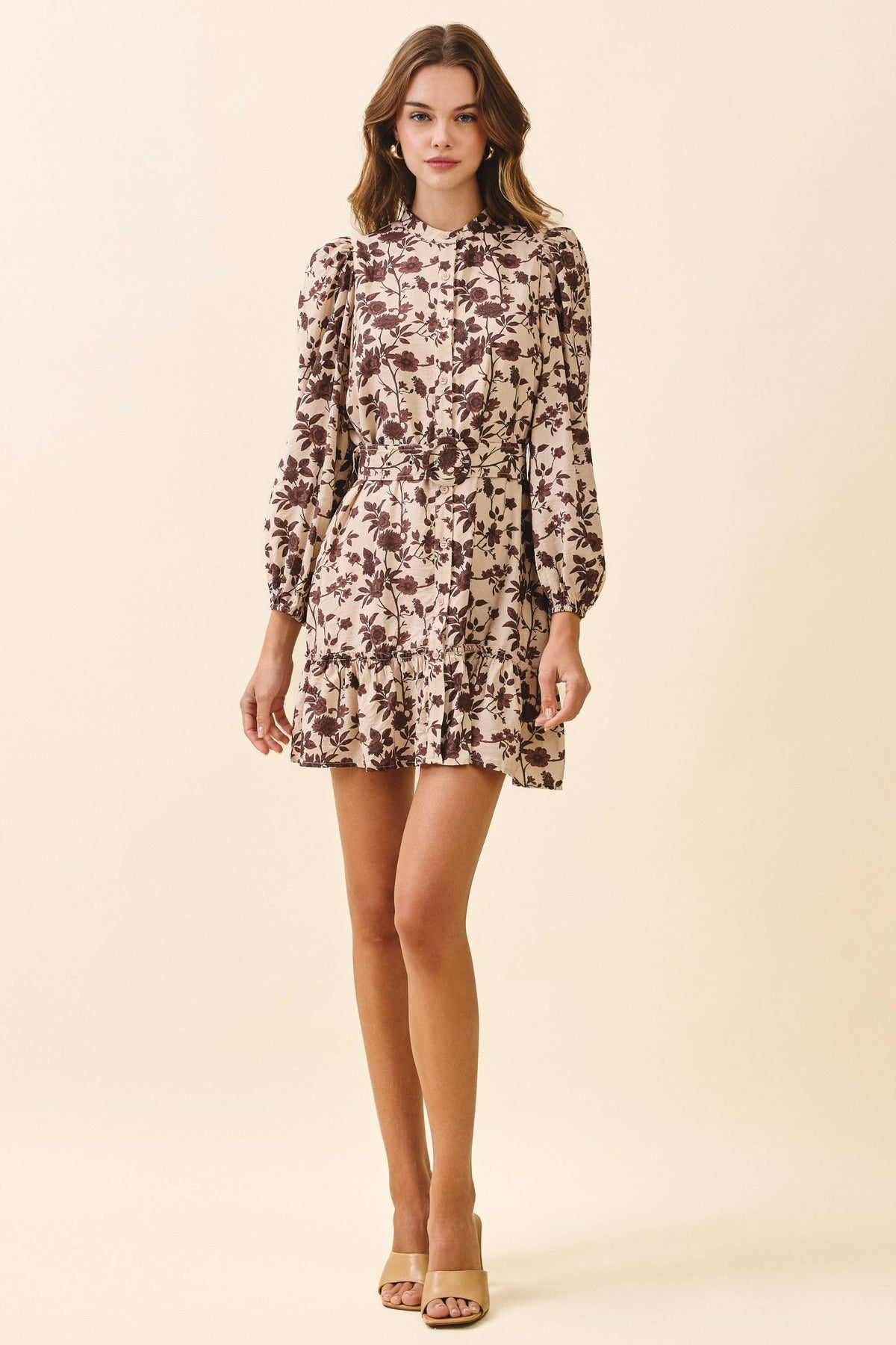 CD06392-Floral Print High Neck Removable Buckle Belt Dress