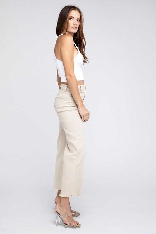 Acid Wash Frayed Cutoff Hem Straight Wide Pants Zenana