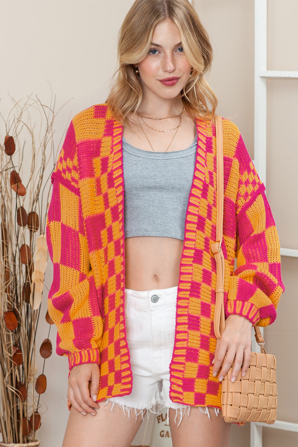 Orchid Petal Colorblock Checked Open Front Knitted Cardigan