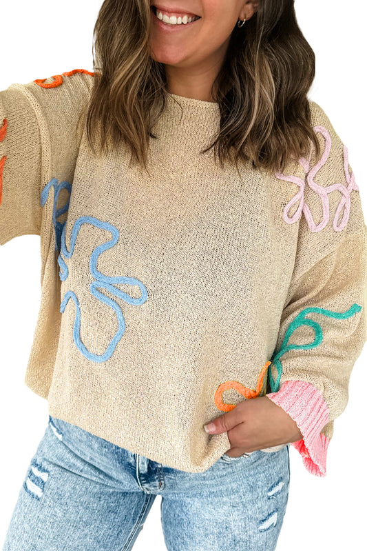 Jet Stream Contrast Flower Detail Colorblock Cuffed Loose Sweater