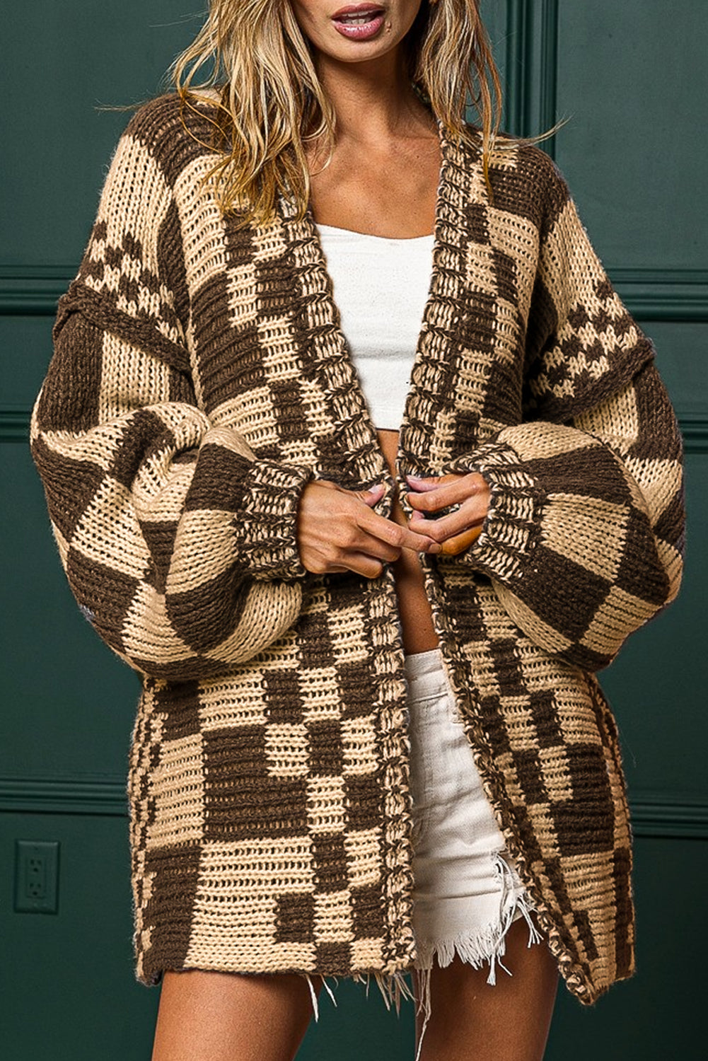 Orchid Petal Colorblock Checked Open Front Knitted Cardigan