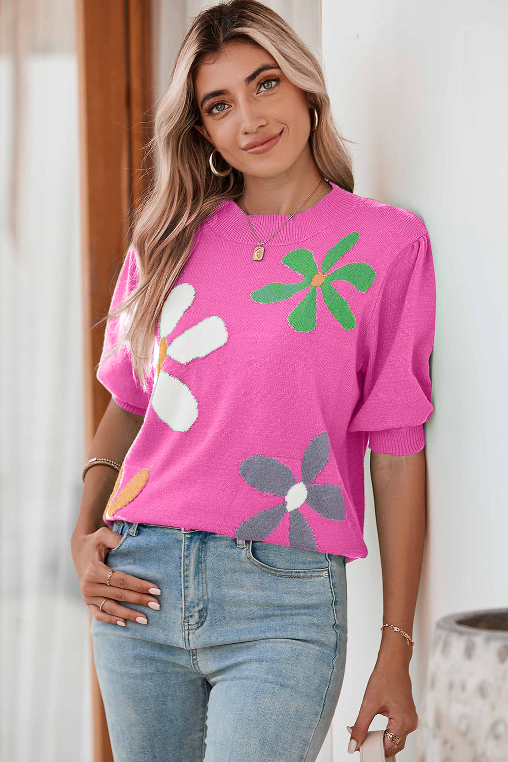 Bright Green Floral Bubble Short Sleeve Knitted Top