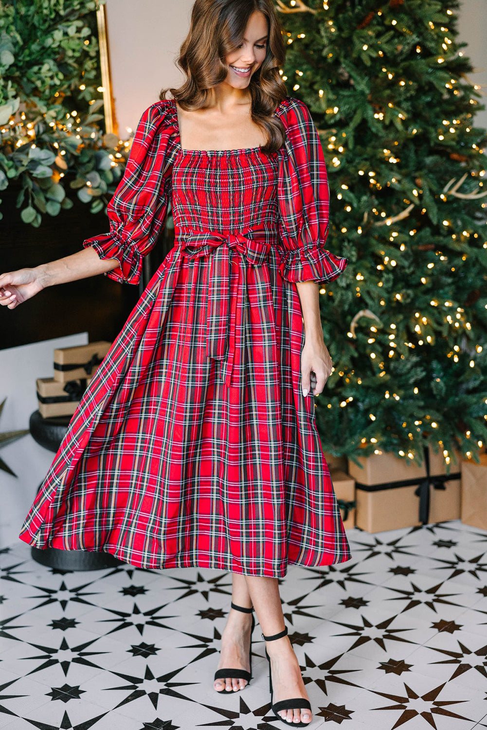 Red Plaid Square Neck Puff Sleeve Bowknot Waist Flared Midi Dress