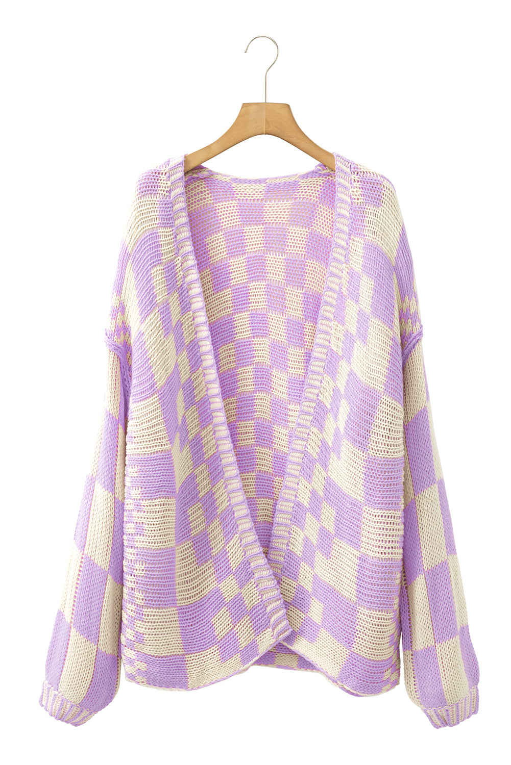 Orchid Petal Colorblock Checked Open Front Knitted Cardigan