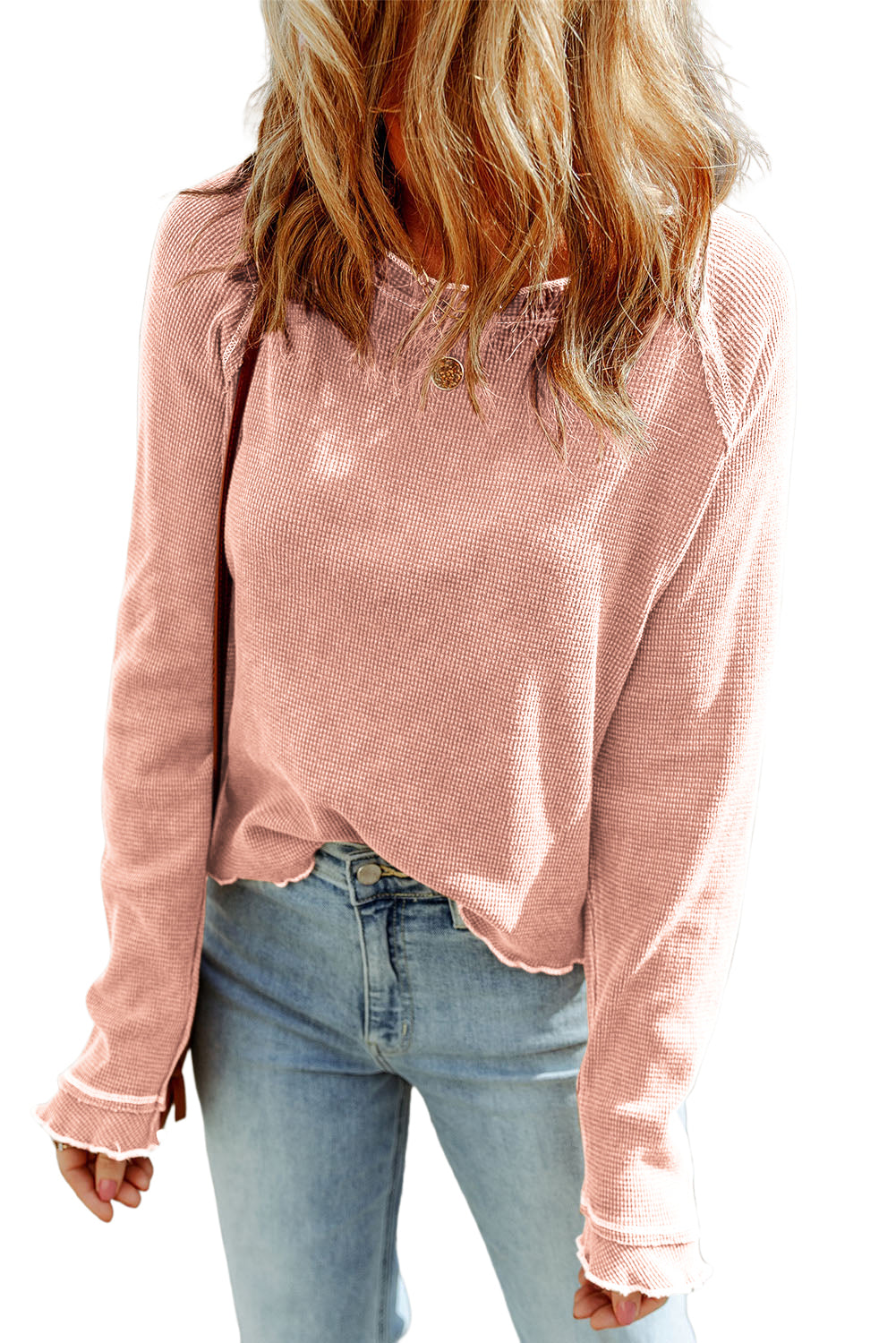 Blue Textured Round Neck Long Sleeve Top