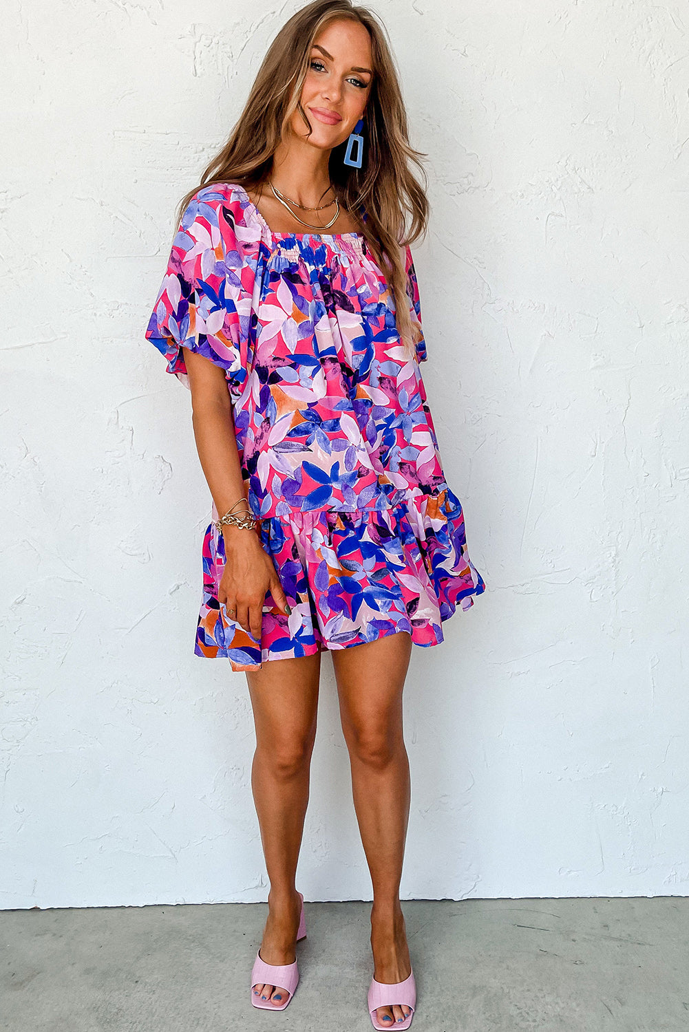 Purple Flower Print Short Puff Sleeve Ruffled Dress