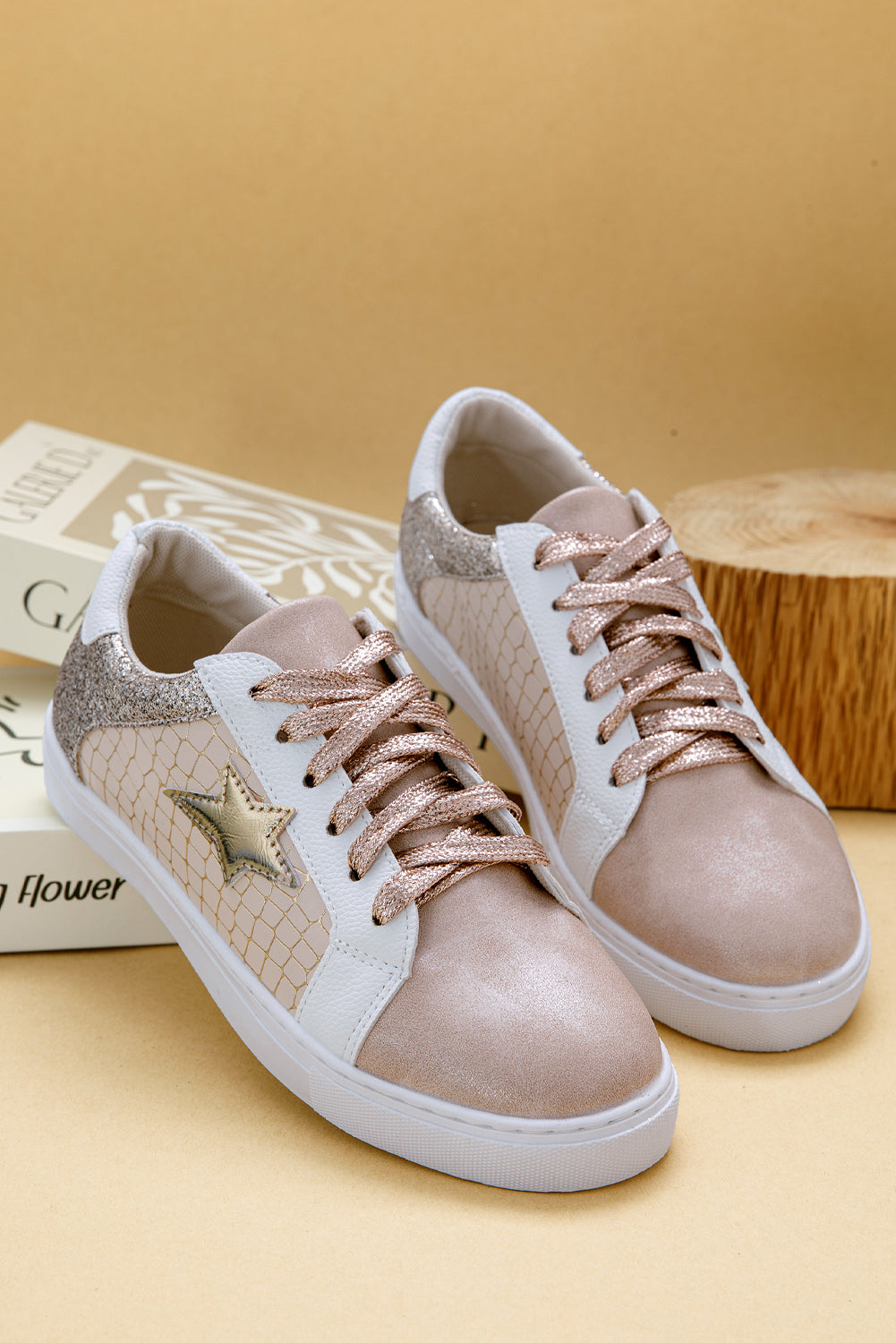 Black Glitter Star Patchwork PU Leather Lace-up Sneakers