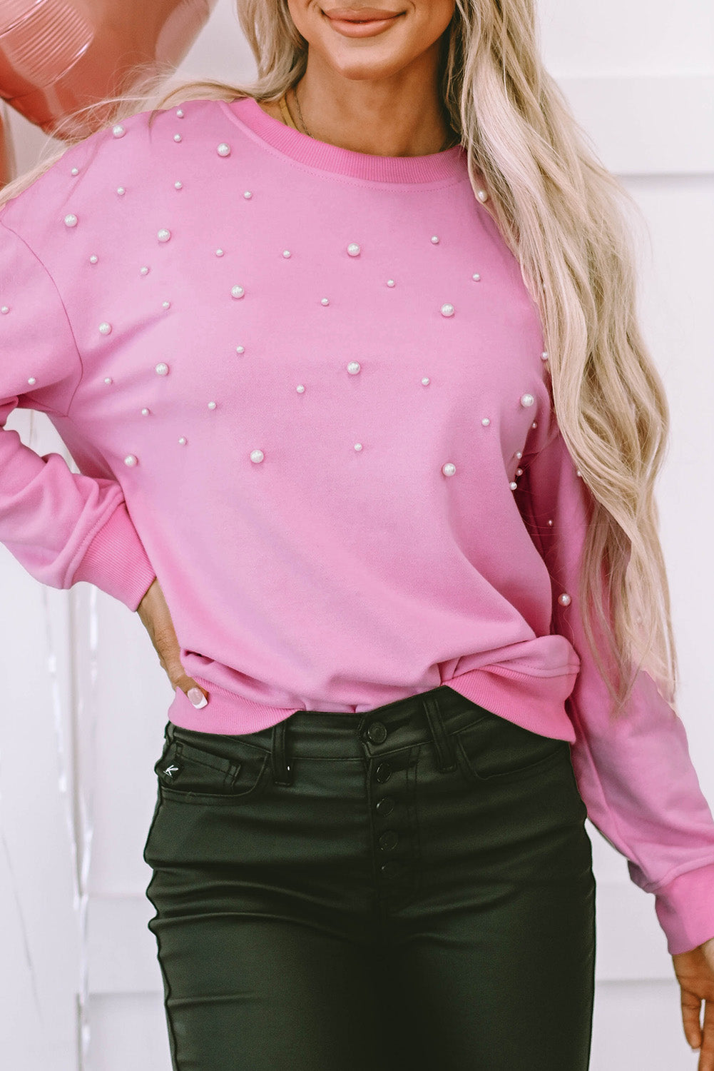 Bonbon Pearl Detail Ribbed Crew Neck Sweatshirt